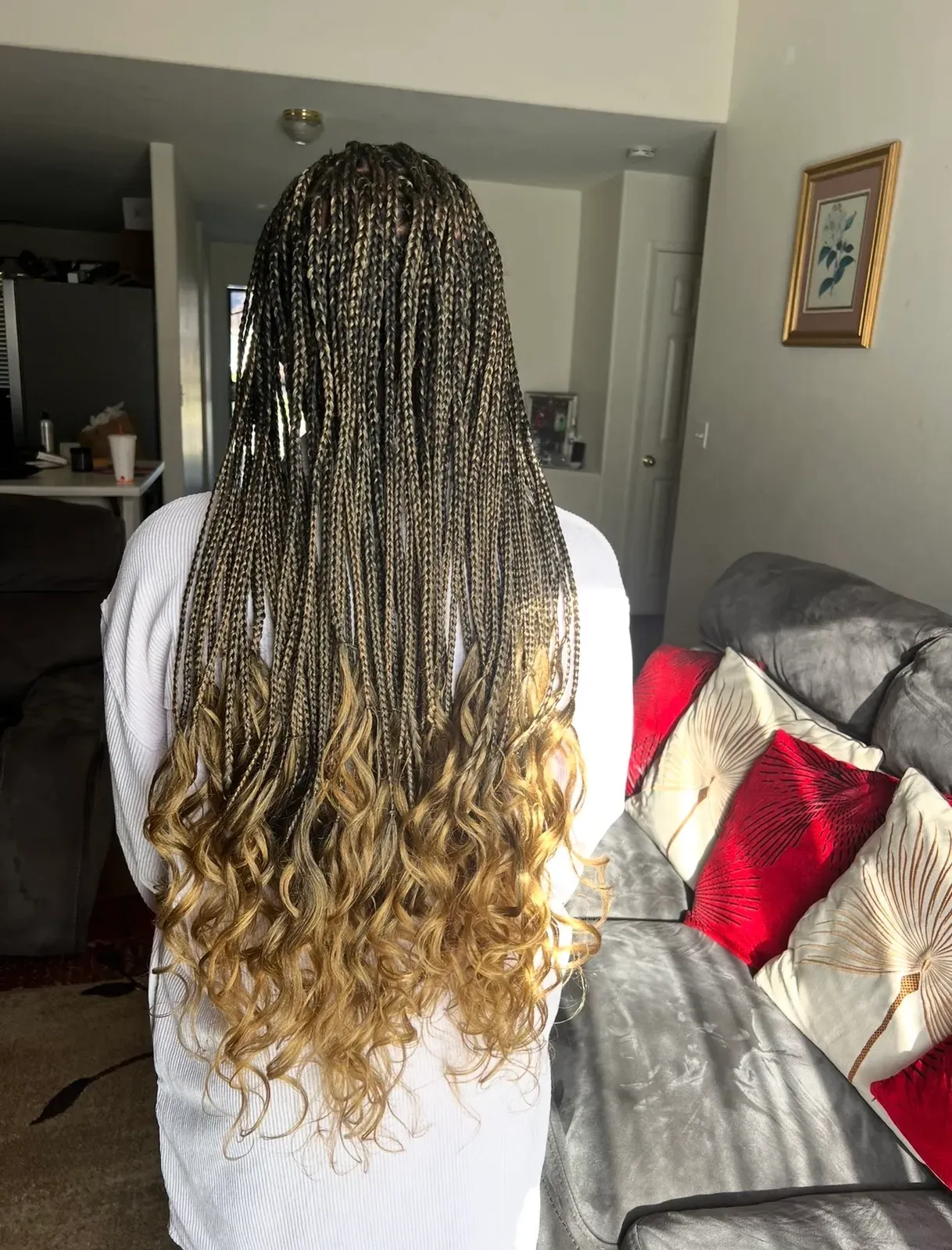 Long bohemian knotless braids in dark brown fading to honey-blonde curly ends, back view