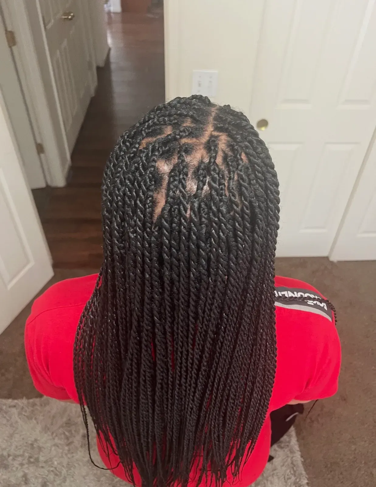 Long Senegalese rope twists in natural black, back view reaching mid-back